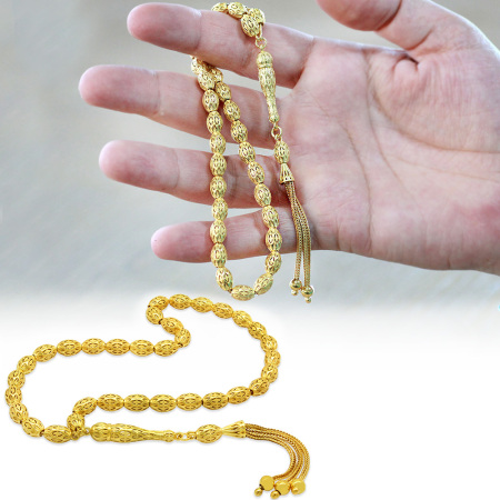 3 Kamçılı Püsküllü Petek Tasarım Arpa Kesim Altın Renk 925 Ayar Gümüş Tesbih - Tesbihane