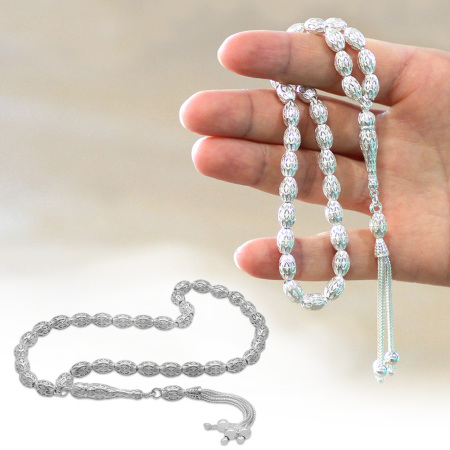 Üçlü Kamçı Püsküllü Petek Tasarım Arpa Kesim Gümüş Renk 925 Ayar Gümüş Tesbih - Tesbihane