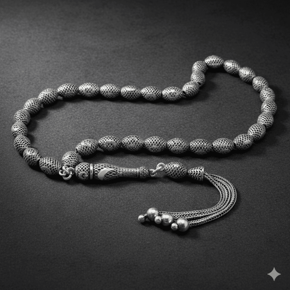 Üçlü Kamçı Püsküllü Telkari Tasarım Ayyıldız Detaylı Arpa Kesim Eskitme Renk 925 Ayar Gümüş Tesbih - 2