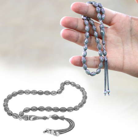 3 lü Kamçı Püsküllü Telkari Tasarım Ayyıldız Detaylı Arpa Kesim Eskitme Renk 925 Ayar Gümüş Tesbih - Tesbihane