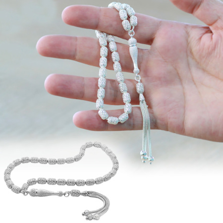 Üçlü Kamçı Püsküllü Telkari Tasarım Kapsül Kesim Gümüş Renk 925 Ayar Gümüş Tesbih - Tesbihane