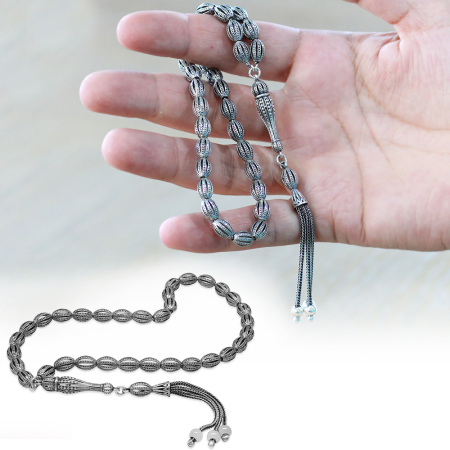 Üçlü Kamçı Top Püsküllü Kafes Tasarım Arpa Kesim Eskitme Renk 925 Ayar Gümüş Tesbih - Tesbihane