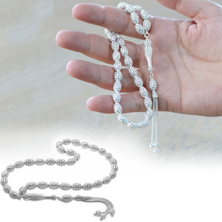 Üçlü Kamçı Top Püsküllü Kafes Tasarım Arpa Kesim Gümüş Renk 925 Ayar Gümüş Tesbih - Tesbihane