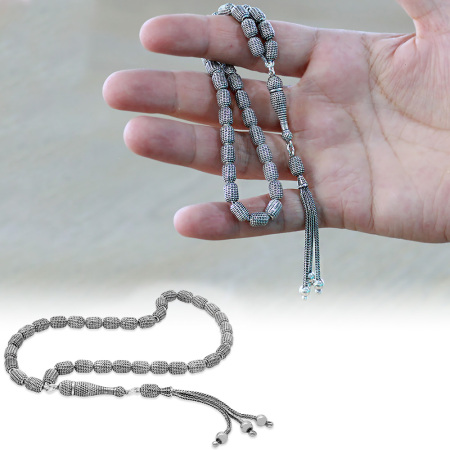 Üçlü Kamçı Top Püsküllü Telkari Tasarım Kapsül Kesim Eskitme Renk 925 Ayar Gümüş Tesbih - Tesbihane