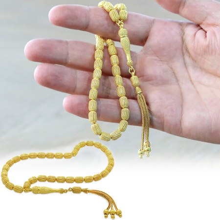 Üçlü Kamçı Top Püsküllü Telkari Tasarım Kapsül Kesim Altın Rengi 925 Ayar Gümüş Tesbih - Tesbihane