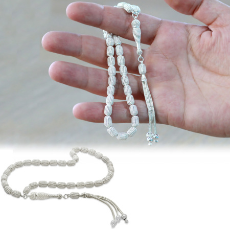 Üçlü Kamçı Top Püsküllü Telkari Tasarım Kapsül Kesim Gümüş Renk 925 Ayar Gümüş Tesbih - Tesbihane