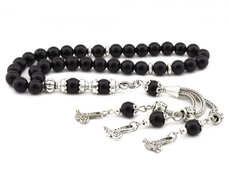 Kararmaz Metal Tuğra Püsküllü Küre Kesim Oniks Taşlı Doğaltaş Tesbih - Tesbihane