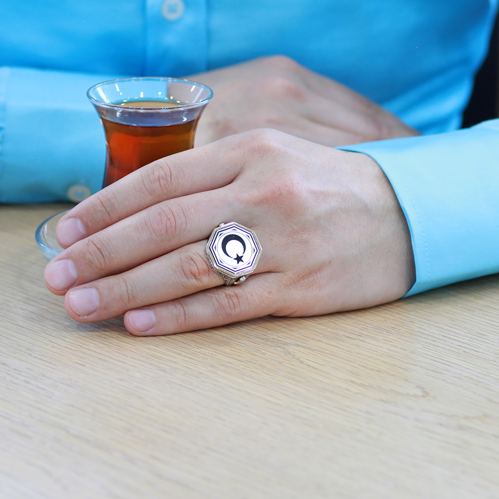 Üzeri Ay Yıldız Desenli Kenarı Hançer Detaylı Firuze Taş Süslemeli 925 Ayar Gümüş Erkek Yüzük - 3