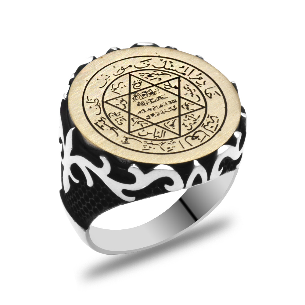 Üzeri Mührü Süleyman İşlemeli Kenarları Oksitli 925 Ayar Gümüş Erkek Yüzük - 4