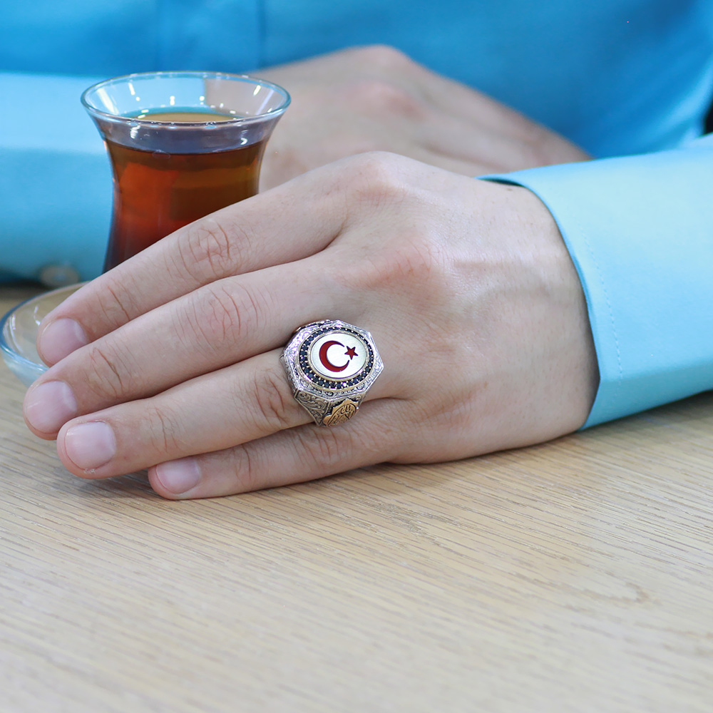 Üzerinde Arapça Allahtan Başka Galip Yoktur Yazılı Ay Yıldız Desenli 925 Ayar Gümüş Erkek Yüzük - 3