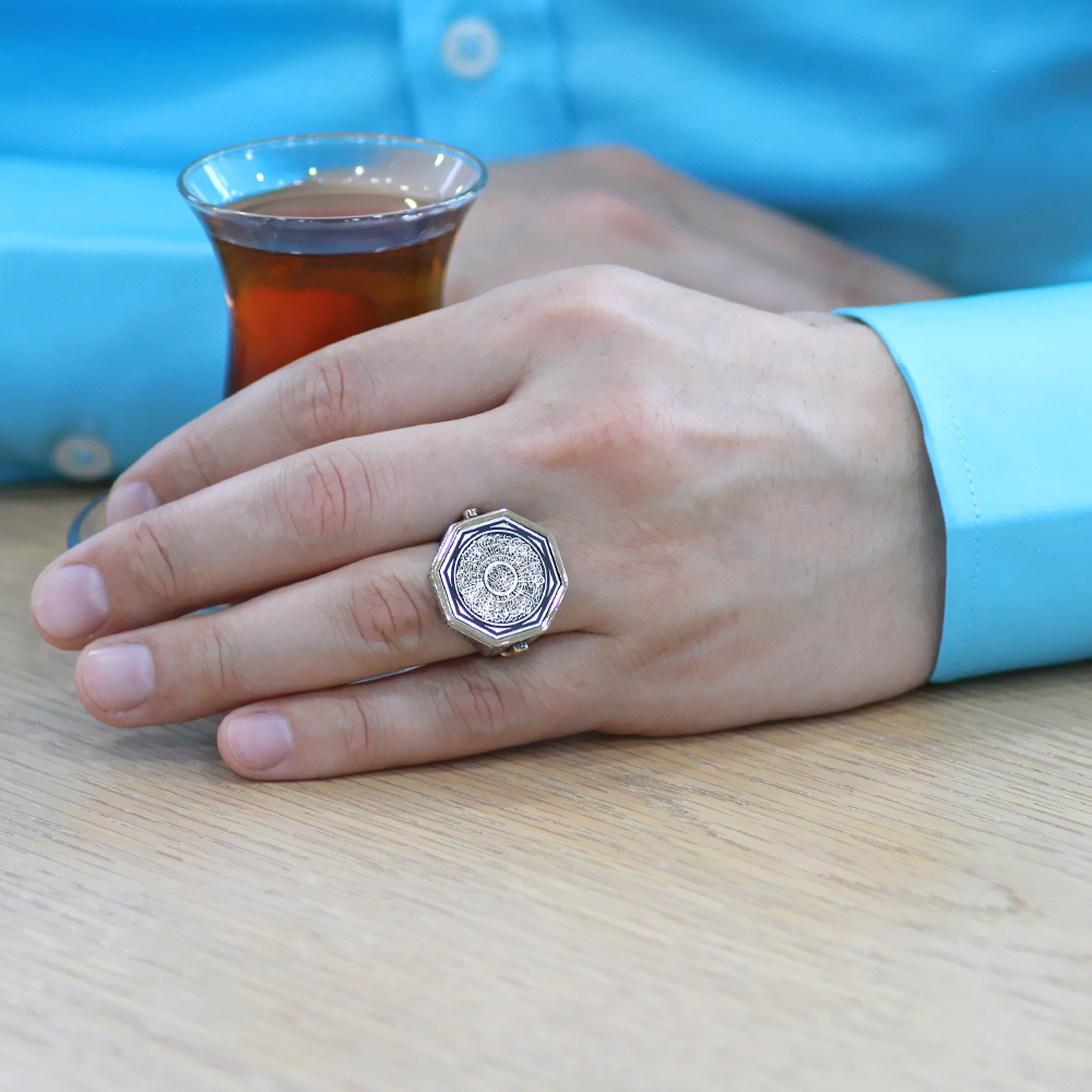 Üzerine Hüsnü Hat Ayetel Kürsi Yazılı Kenarı Hançer Detaylı 925 Ayar Gümüş Erkek Yüzük - 4