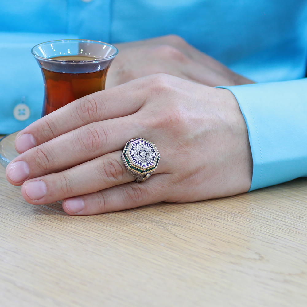 Üzerine Hüsnü Hat Ayetel Kürsi Yazılı Zirkon Taş Süslemeli Hançer Detaylı 925 Ayar Gümüş Erkek Yüzük - 4