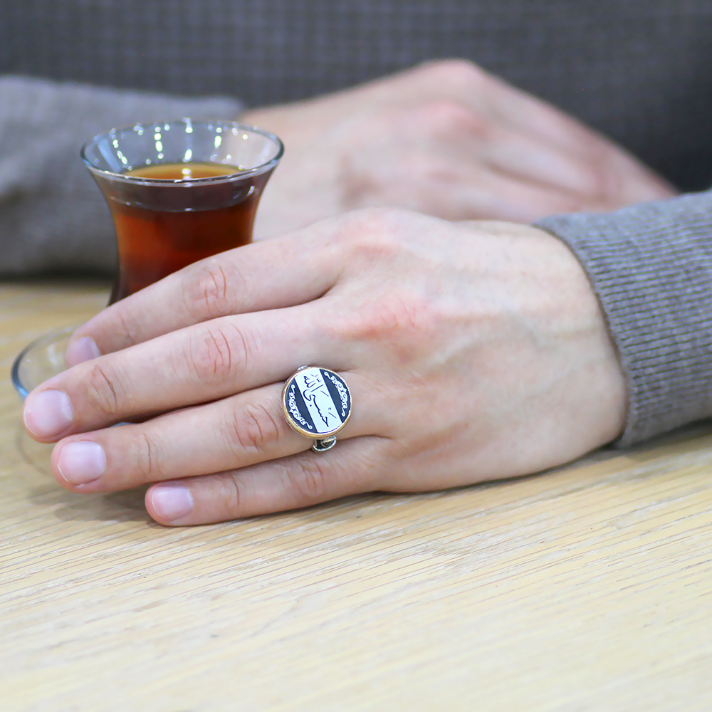 Üzerine Hüsnü Hat Hasbiyallah Yazılı Minimal Tasarım 925 Ayar Gümüş Erkek Yüzük - 2