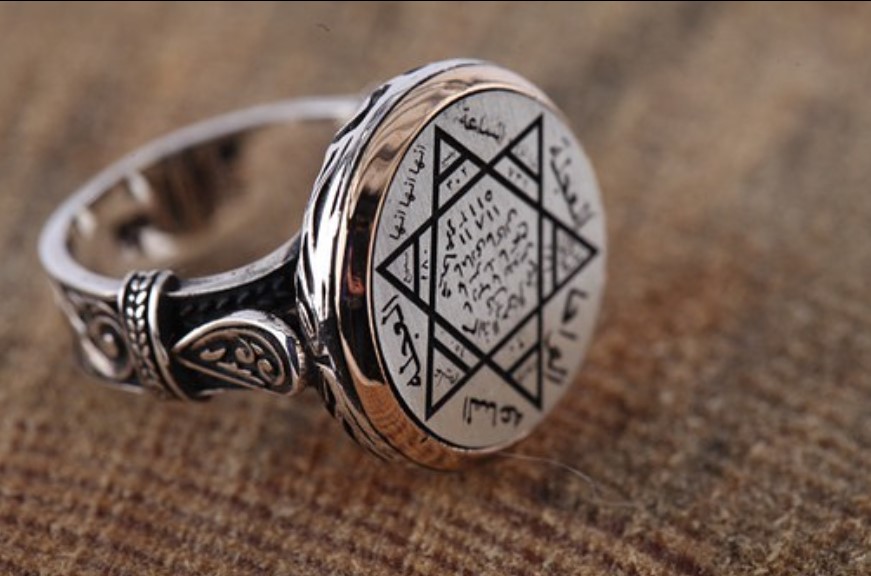 Üzerine Hüsnü Hat Mührü Süleyman ve Duası Yazılı Minimal Tasarım 925 Ayar Gümüş Erkek Yüzük - 3