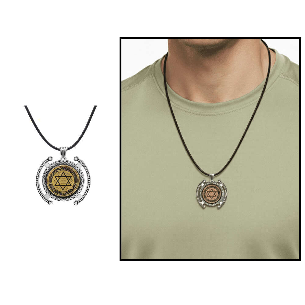 Üzerine Mührü Süleyman İşlemeli İp Zincirli 925 Ayar Gümüş Madalyon Kolye - 1