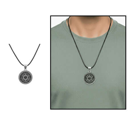 Üzerine Süleyman Mührü İşlemeli İp Zincirli 925 Ayar Gümüş Madalyon Kolye - Tesbihane