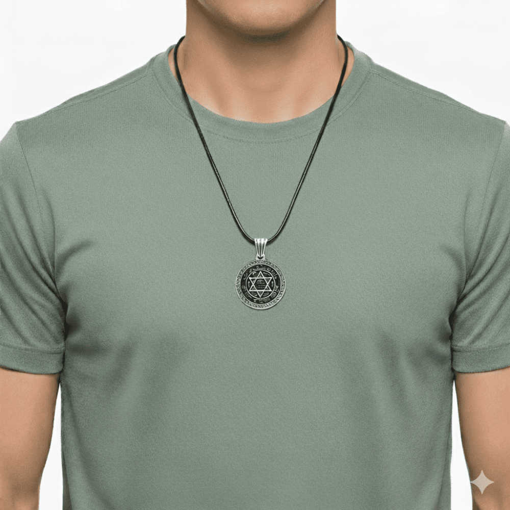 Üzerine Süleyman Mührü İşlemeli İp Zincirli 925 Ayar Gümüş Madalyon Kolye - 2