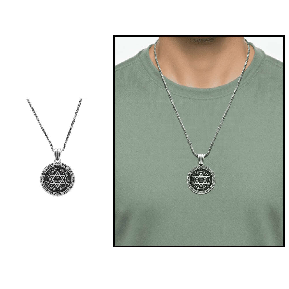 Üzerine Süleyman Mührü İşlemeli Kalın Zincirli 925 Ayar Gümüş Madalyon Kolye - 1