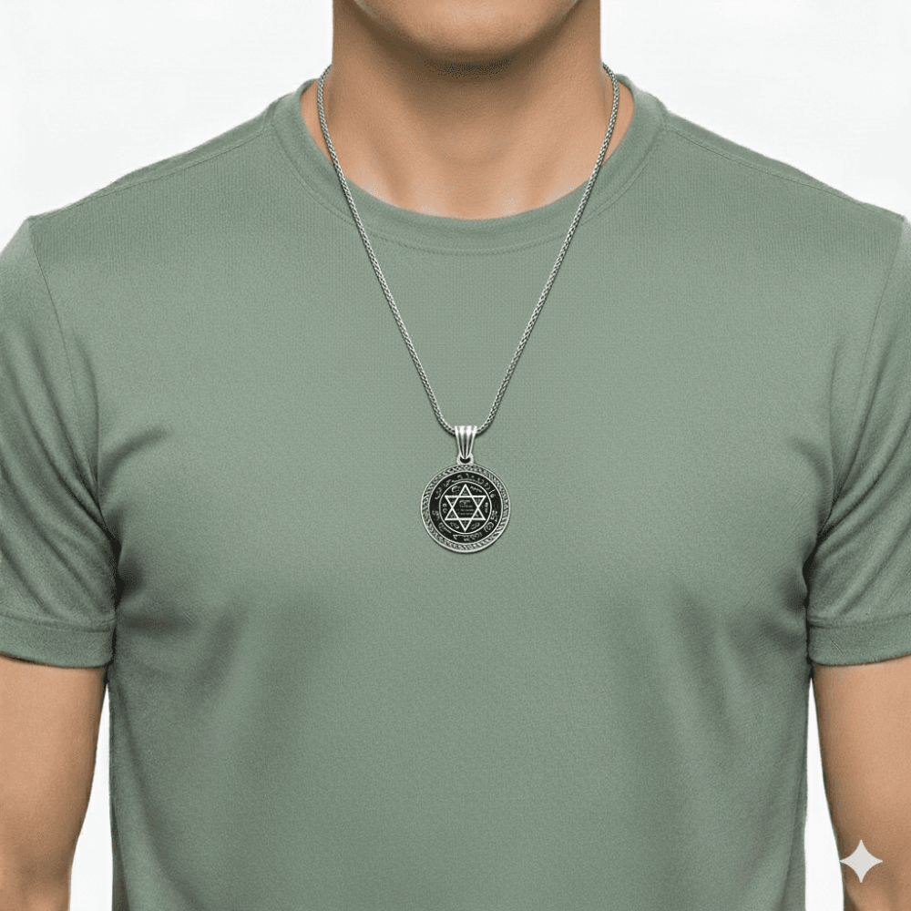 Üzerine Süleyman Mührü İşlemeli Kalın Zincirli 925 Ayar Gümüş Madalyon Kolye - 2