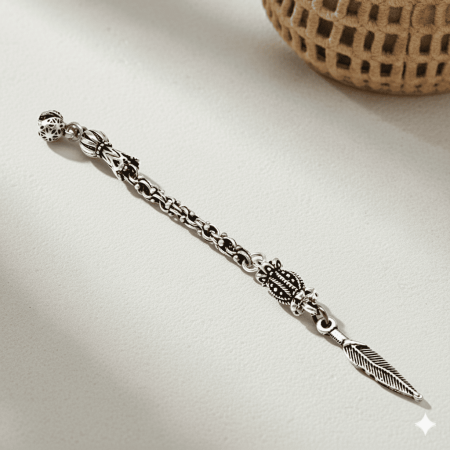 Uzun Yaprak Temalı Arnavut Zincirli Tek Kamçılı Kararmaz Metal Püskül - Tesbihane