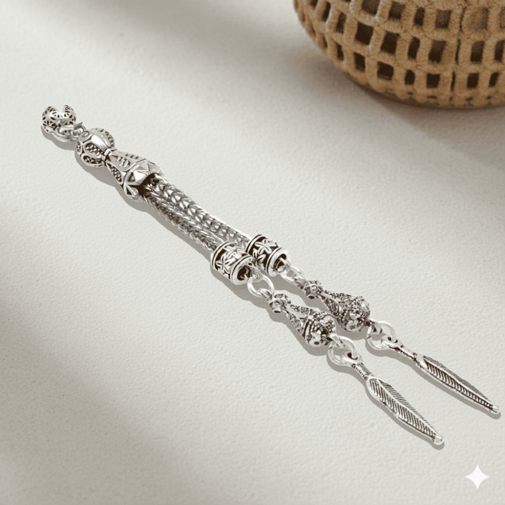 Uzun Yaprak Temalı Foxtail Zincirli Çift Kamçılı Kararmaz Metal Püskül - 1