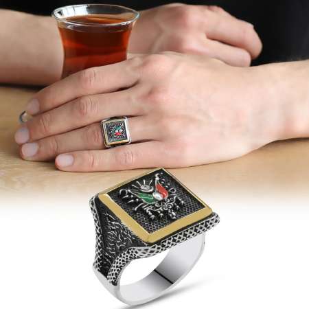 V tasarım Osmanlı Arma Motifli 925 Ayar Gümüş Erkek Yüzük - Tesbihane