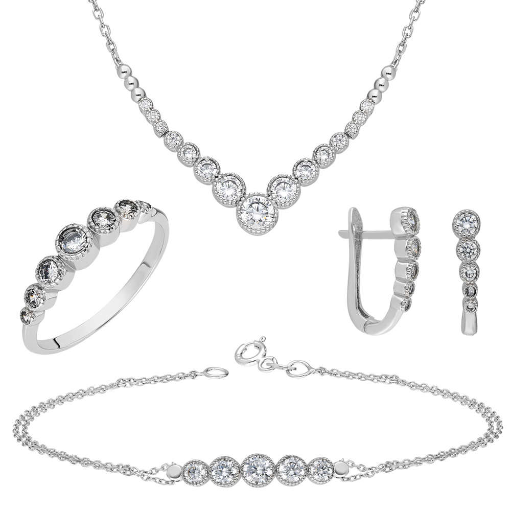 V Tasarım Zirkon Taşlı 925 Ayar Gümüş Galaxia 4'lü Set - 2