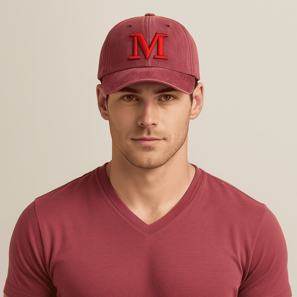 Kişiye Özel Harf Nakışlı Bordo Vintage Stil Eskitme Kumaş Ayarlanabilir Unisex Beyzbol Şapkası - 1