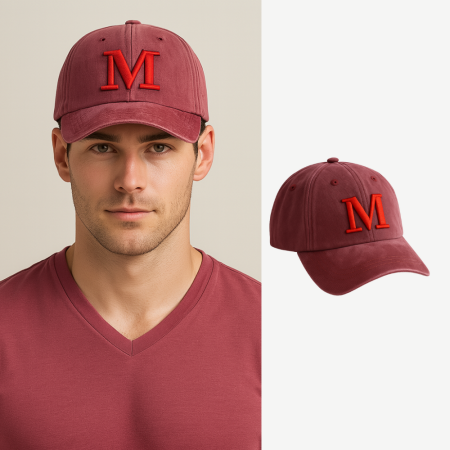 İsme Özel Harf Nakışlı Bordo Vintage Stil Eskitme Kumaş Ayarlanabilir Unisex Beyzbol Şapkası - Tesbihane