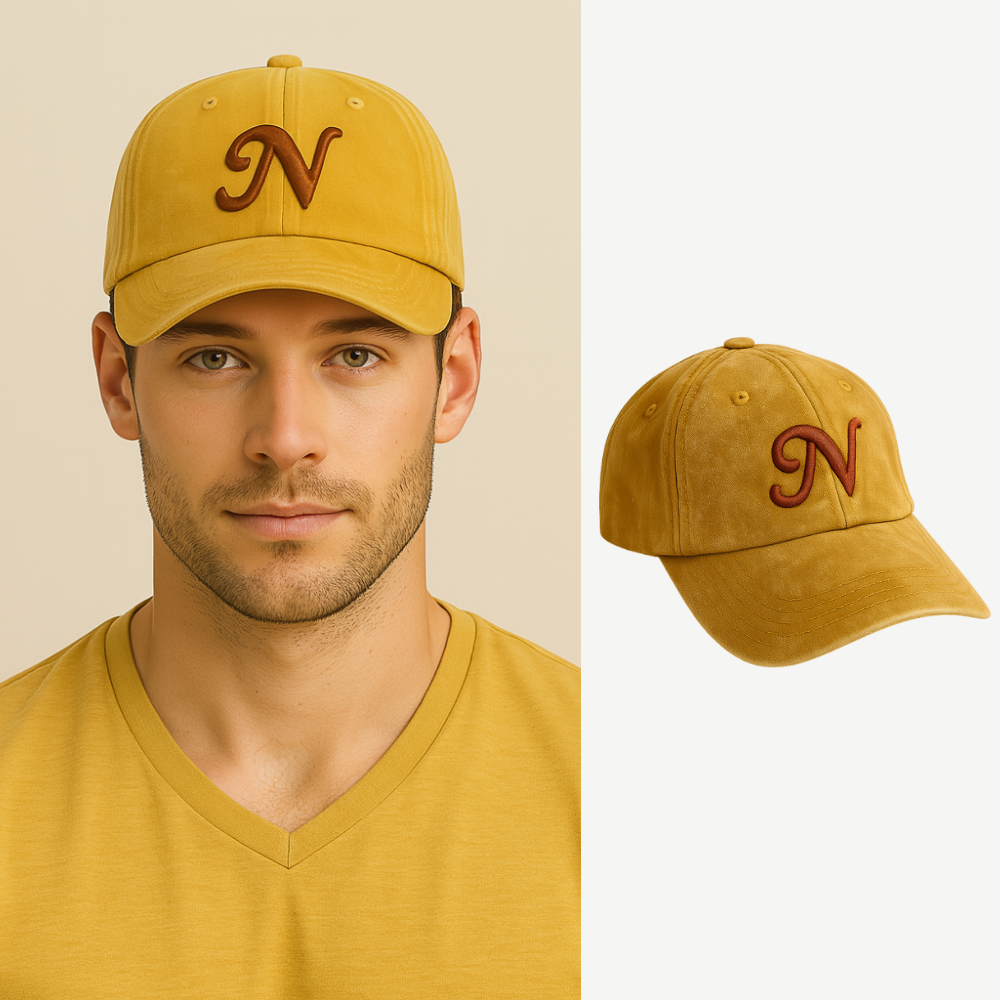 İsme Özel Harf Nakışlı Sarı Vintage Stil Eskitme Kumaş Ayarlanabilir Unisex Beyzbol Şapkası - 1