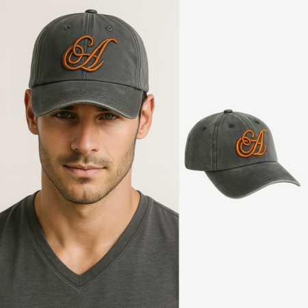 İsme Özel Harf Nakışlı Siyah Vintage Stil Eskitme Kumaş Ayarlanabilir Unisex Beyzbol Şapkası - Tesbihane