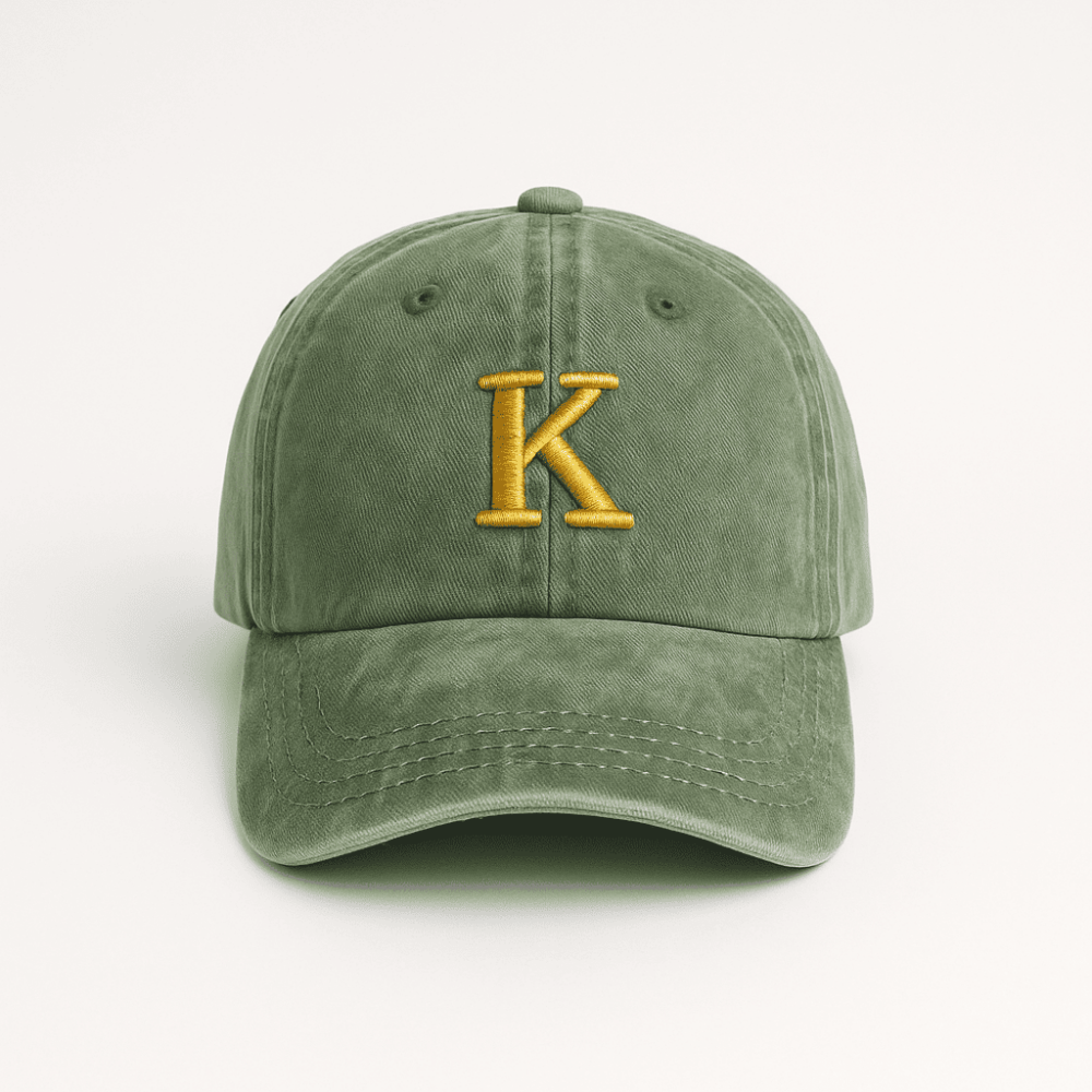 Kişiye Özel Harf Nakışlı Haki Vintage Stil Eskitme Kumaş Ayarlanabilir Unisex Beyzbol Şapkası - 2