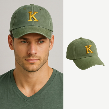 İsme Özel Harf Nakışlı Haki Vintage Stil Eskitme Kumaş Ayarlanabilir Unisex Beyzbol Şapkası - Tesbihane