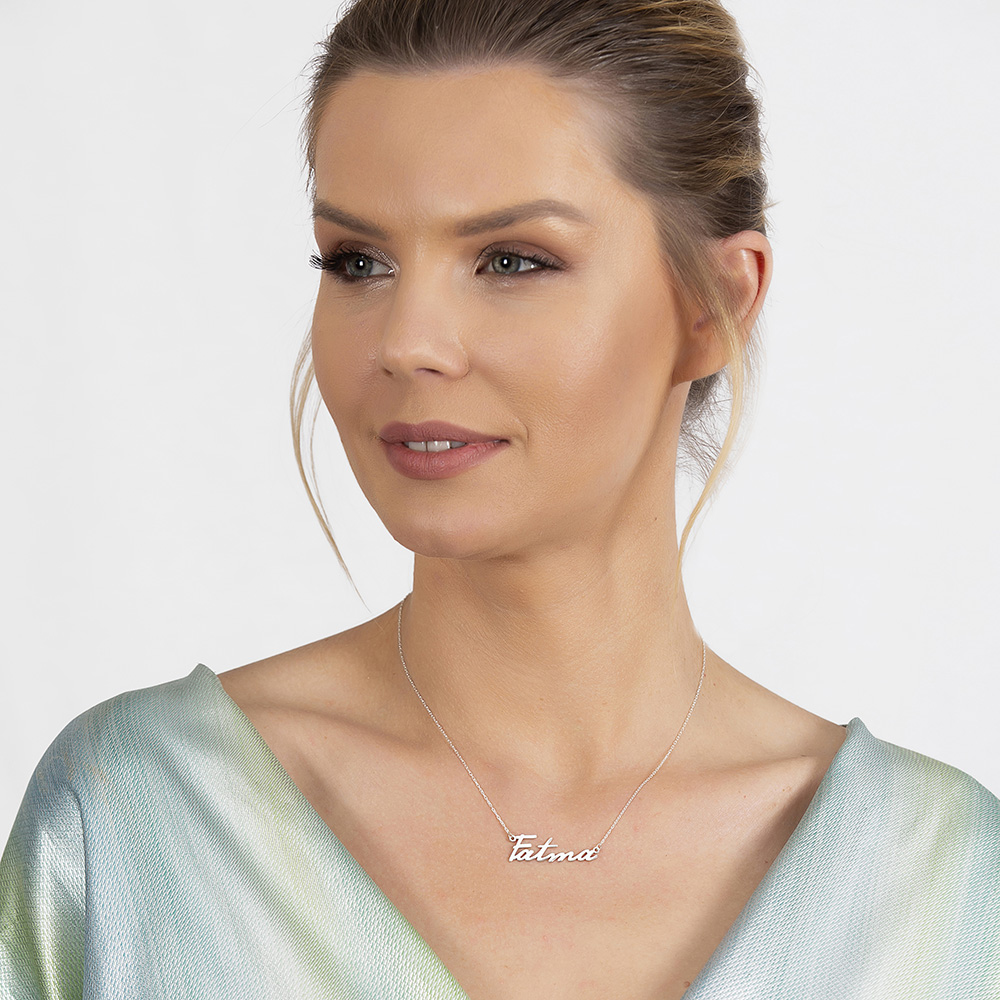 Yatay Tasarım İsme Özel Yazılı 925 Ayar Gümüş Bayan Kolye - 3