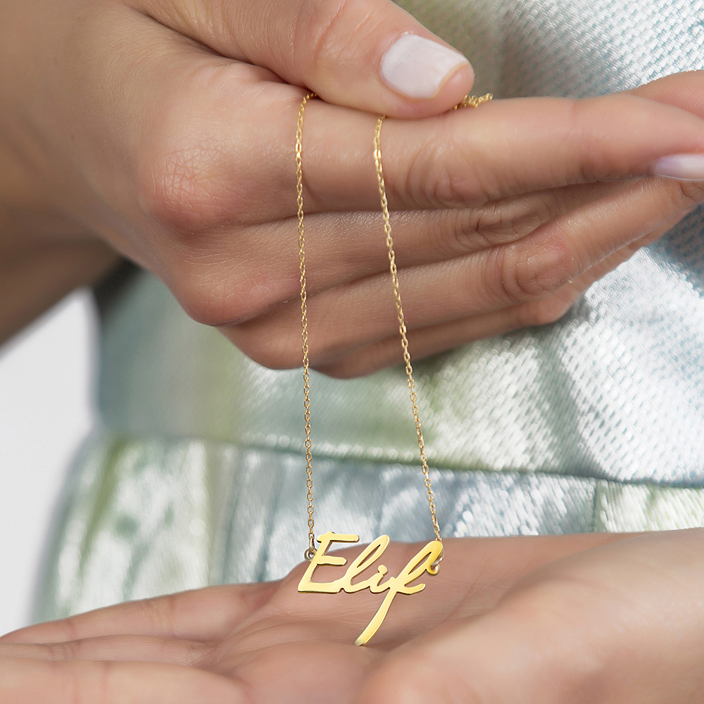 Yatay Tasarım İsme Özel Yazılı Altın Renk 925 Ayar Gümüş Bayan Kolye - 9