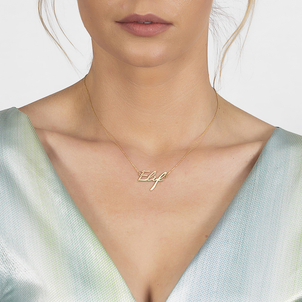 Yatay Tasarım İsme Özel Yazılı Altın Renk 925 Ayar Gümüş Bayan Kolye - 3