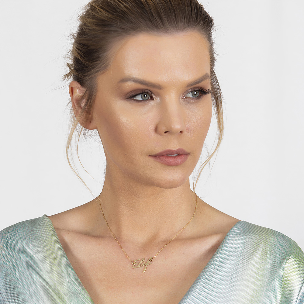 Yatay Tasarım İsme Özel Yazılı Altın Renk 925 Ayar Gümüş Bayan Kolye - 5