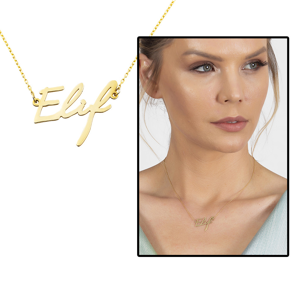 Yatay Tasarım İsme Özel Yazılı Altın Renk 925 Ayar Gümüş Bayan Kolye - 1