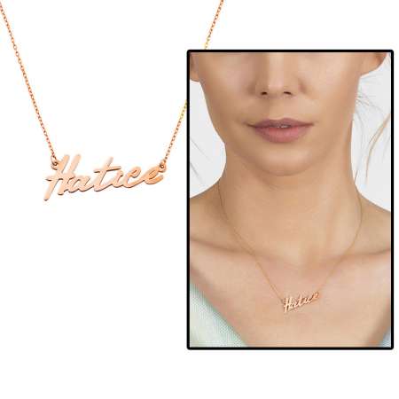 Yatay Tasarım İsme Özel Yazılı Rose Renk 925 Ayar Gümüş Bayan Kolye - Tesbihane