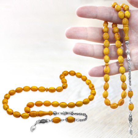 Yeni Döküm Katalin Tesbih - Kararmaz Metal Püsküllü - Hareli Portakal Sarısı Renk - Arpa Kesim - Tesbihane