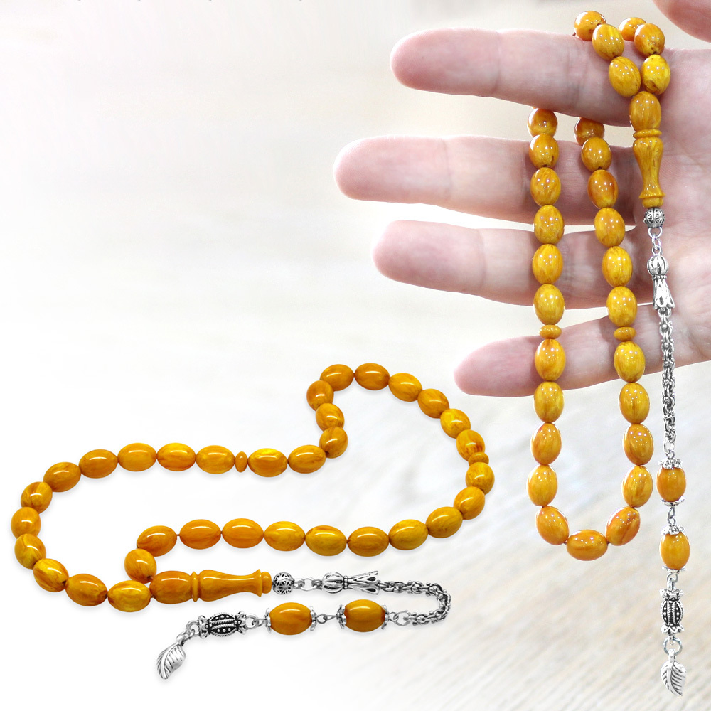 Yeni Döküm Katalin Tesbih - Kararmaz Metal Püsküllü - Hareli Portakal Sarısı Renk - Arpa Kesim - 1