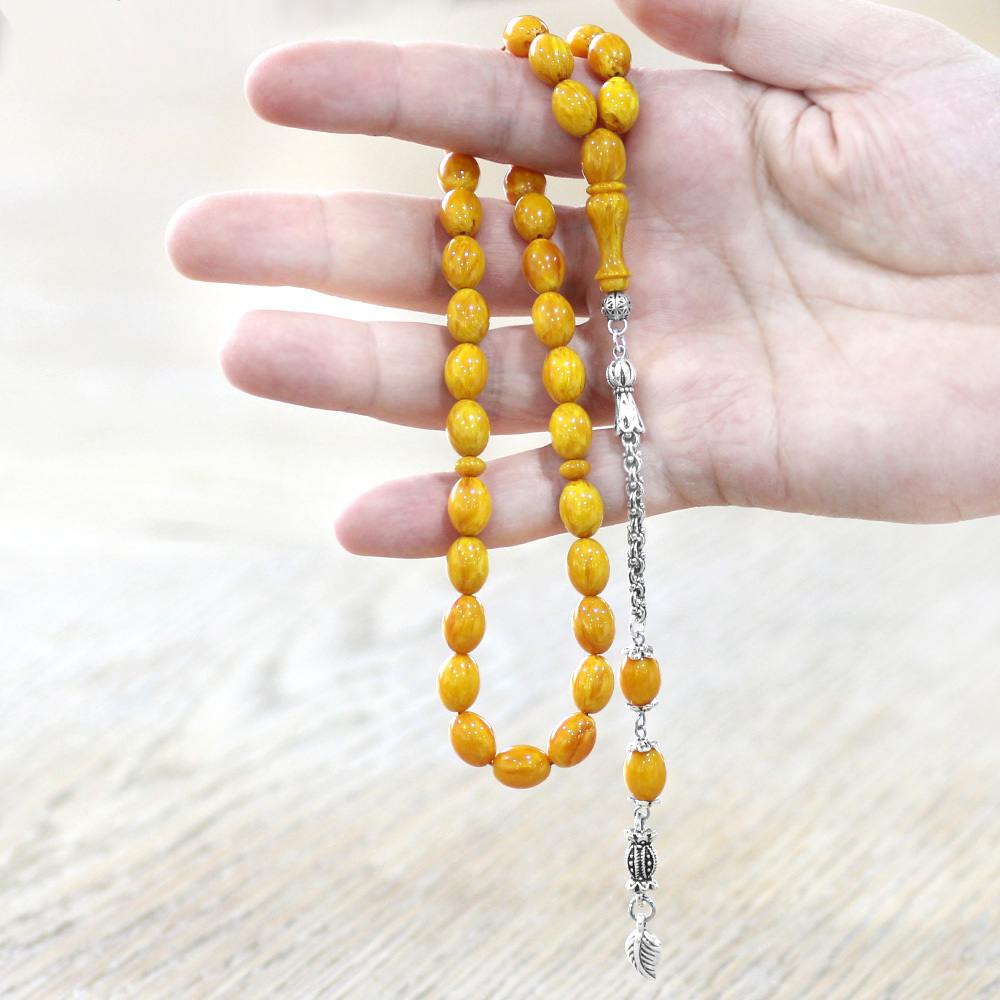 Yeni Döküm Katalin Tesbih - Kararmaz Metal Püsküllü - Hareli Portakal Sarısı Renk - Arpa Kesim - 2