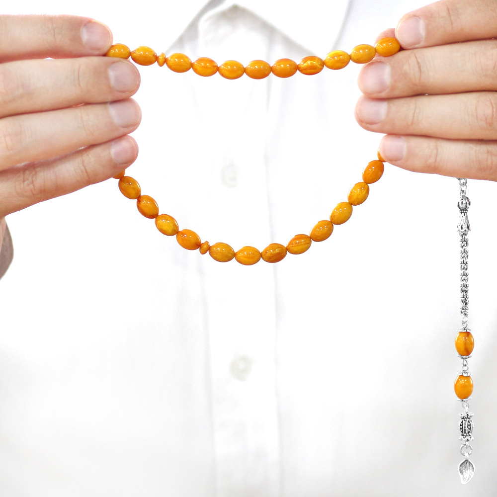 Yeni Döküm Katalin Tesbih - Kararmaz Metal Püsküllü - Hareli Portakal Sarısı Renk - Arpa Kesim - 3