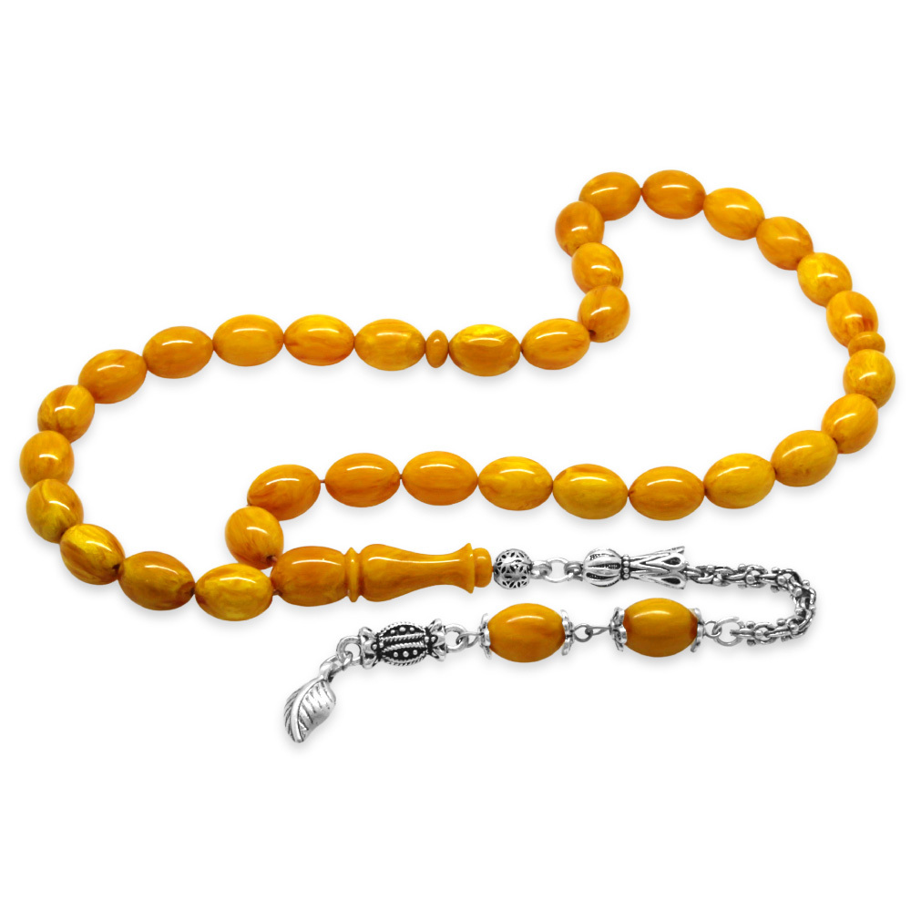 Yeni Döküm Katalin Tesbih - Kararmaz Metal Püsküllü - Hareli Portakal Sarısı Renk - Arpa Kesim - 4