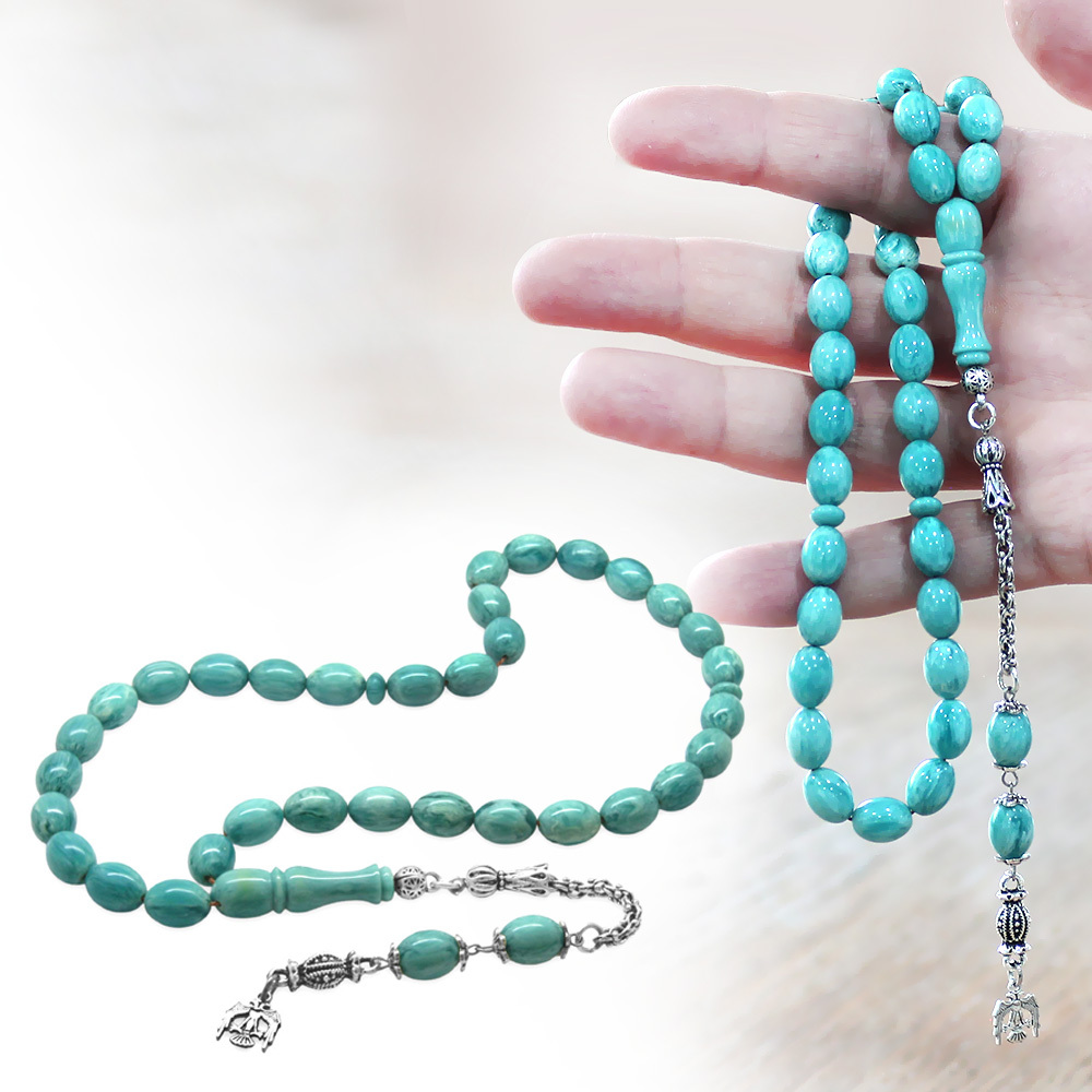 Yeni Döküm Katalin Tesbih - Kararmaz Metal Püsküllü - Hareli Turkuaz Beyaz Renk - Arpa Kesim - 1