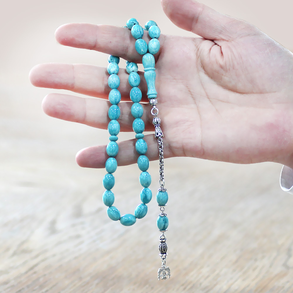 Yeni Döküm Katalin Tesbih - Kararmaz Metal Püsküllü - Hareli Turkuaz Beyaz Renk - Arpa Kesim - 2