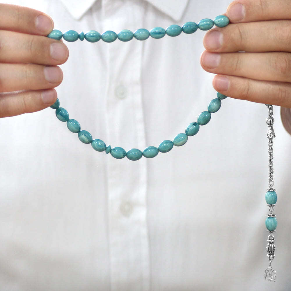 Yeni Döküm Katalin Tesbih - Kararmaz Metal Püsküllü - Hareli Turkuaz Beyaz Renk - Arpa Kesim - 3