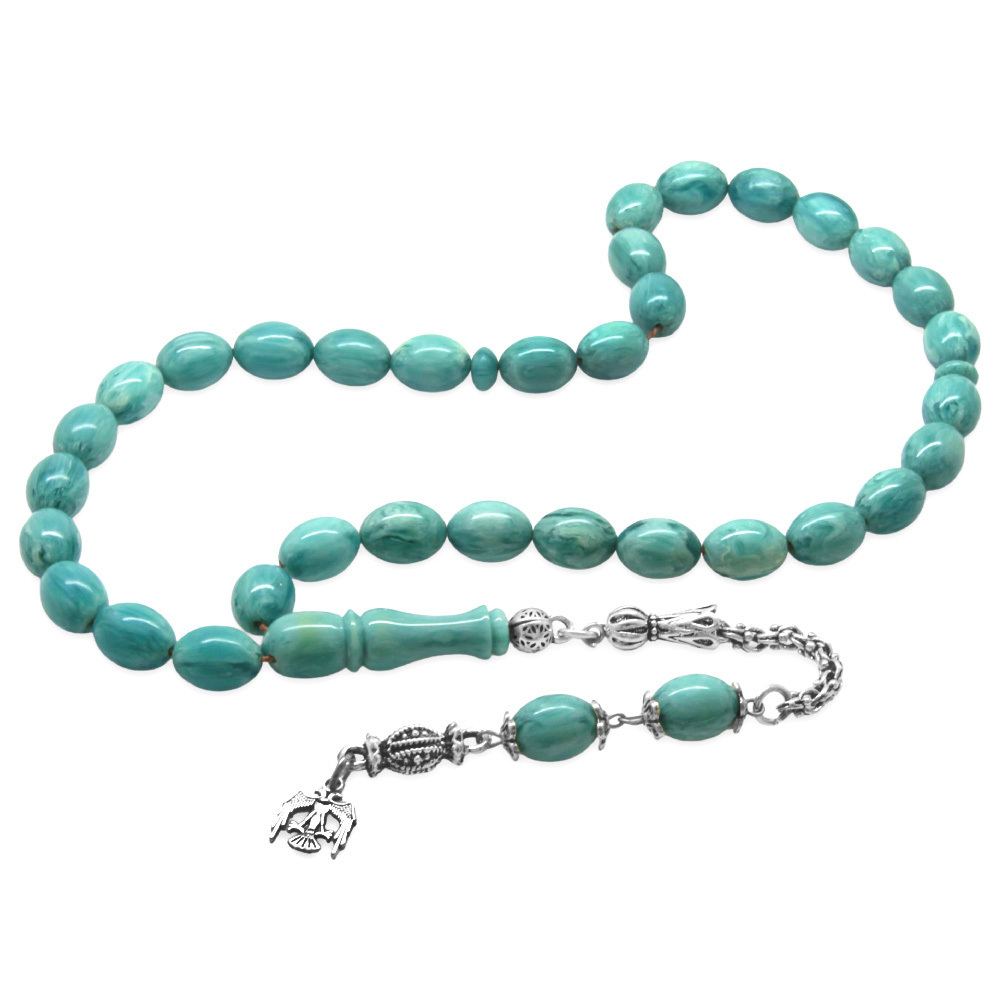 Yeni Döküm Katalin Tesbih - Kararmaz Metal Püsküllü - Hareli Turkuaz Beyaz Renk - Arpa Kesim - 4