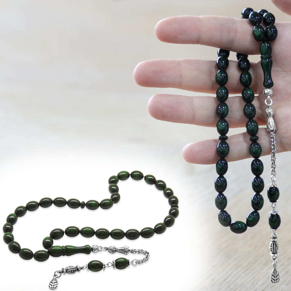 Yeni Döküm Katalin Tesbih - Kararmaz Metal Püsküllü - Sedefli Yeşil Renk - Arpa Kesim - 1