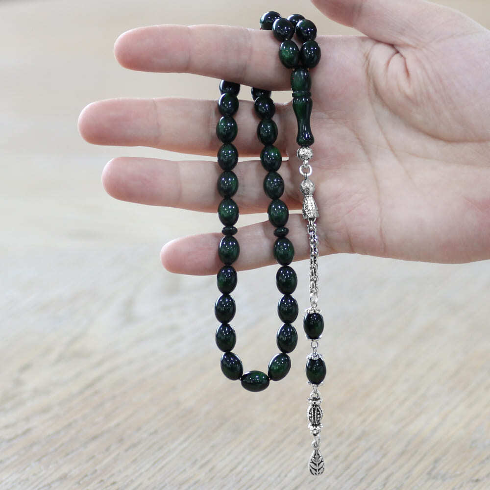 Yeni Döküm Katalin Tesbih - Kararmaz Metal Püsküllü - Sedefli Yeşil Renk - Arpa Kesim - 2